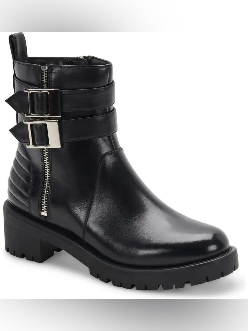 Blondo Waterproof Black Leather Boots Double Buckle Moto Combat Boots Size 8